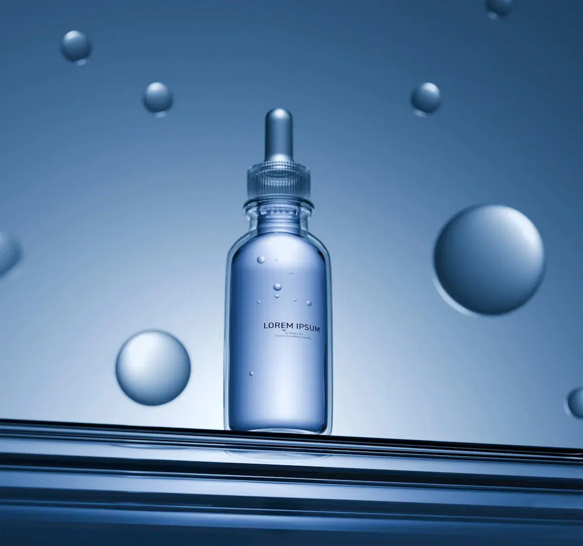 Illustrative serum bottle on a blue background
