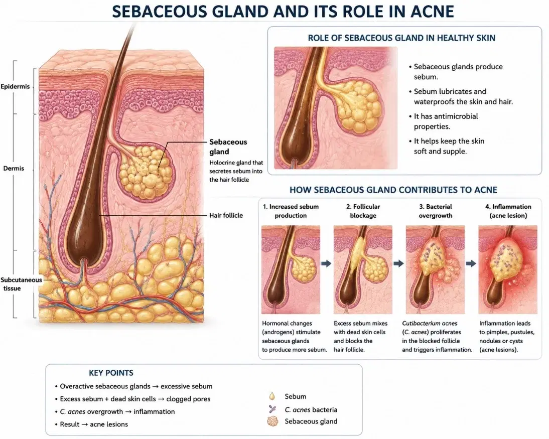 Diagram of a sebaceous gland, blocked follicles and acne development