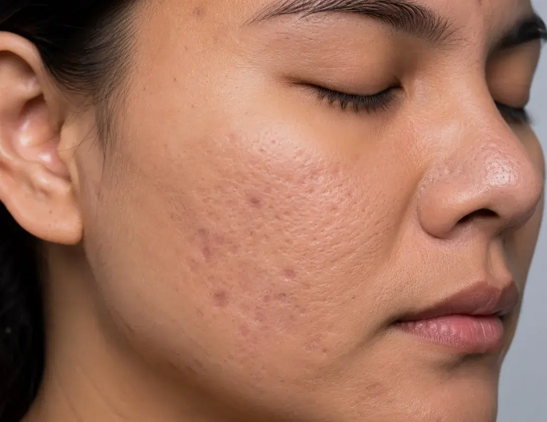Indented acne scars across a cheek