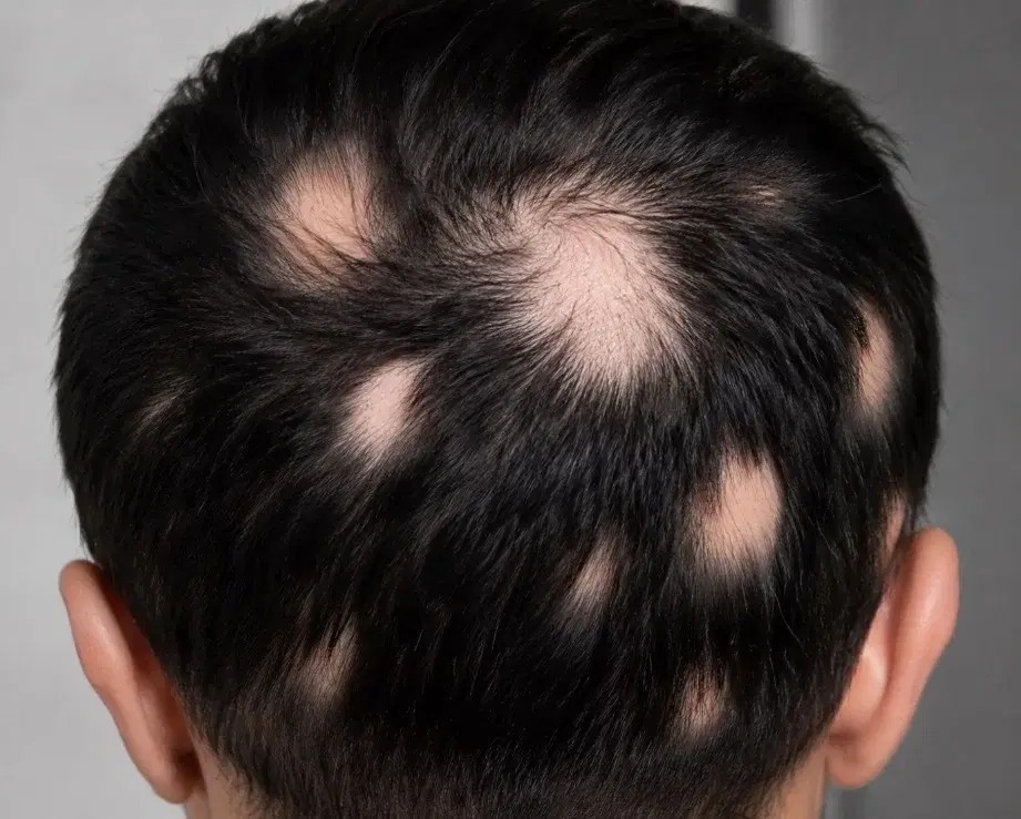 Several round patches of hair loss on the scalp