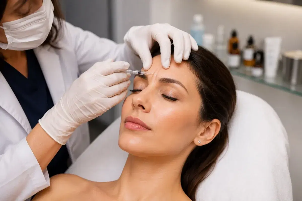 A clinician giving an injection near the eyebrow