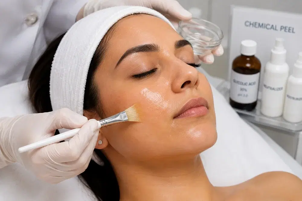 Applying a chemical peel to the cheek with a brush