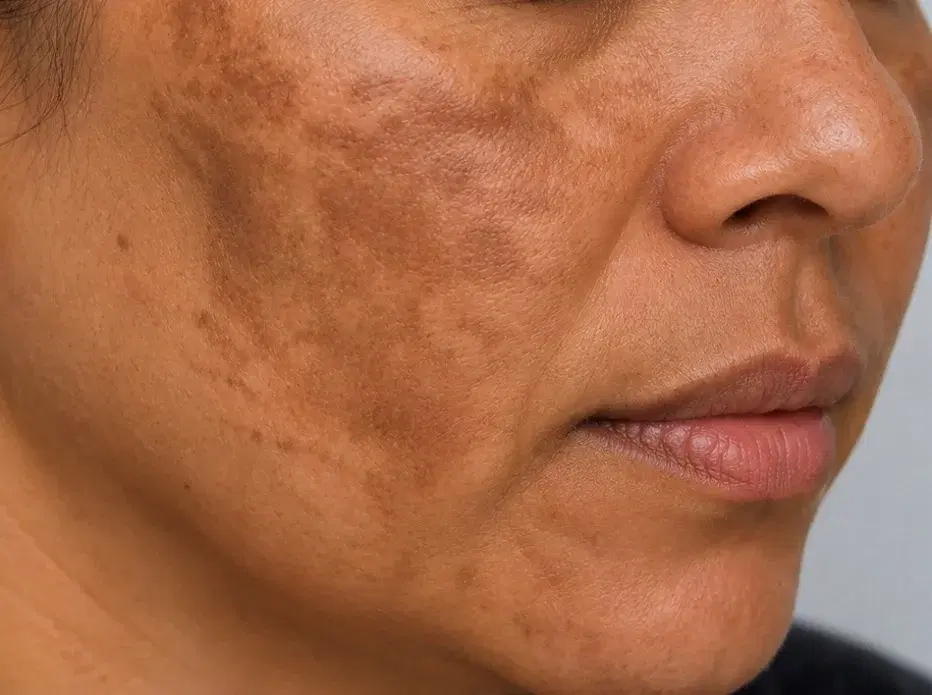 Irregular brown pigmentation across the cheek