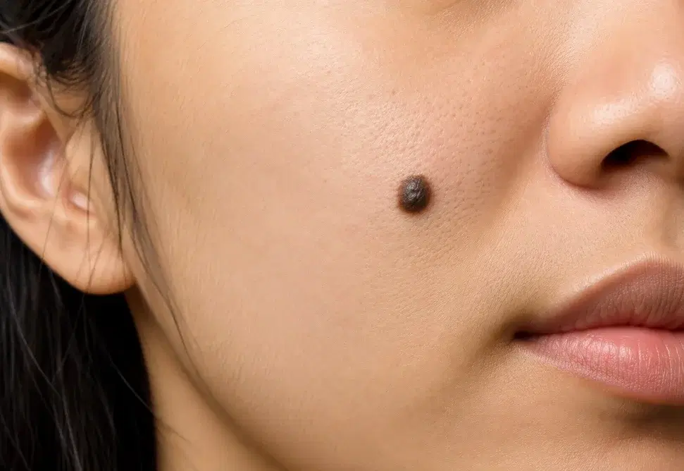 A small, dark, raised mole on the cheek
