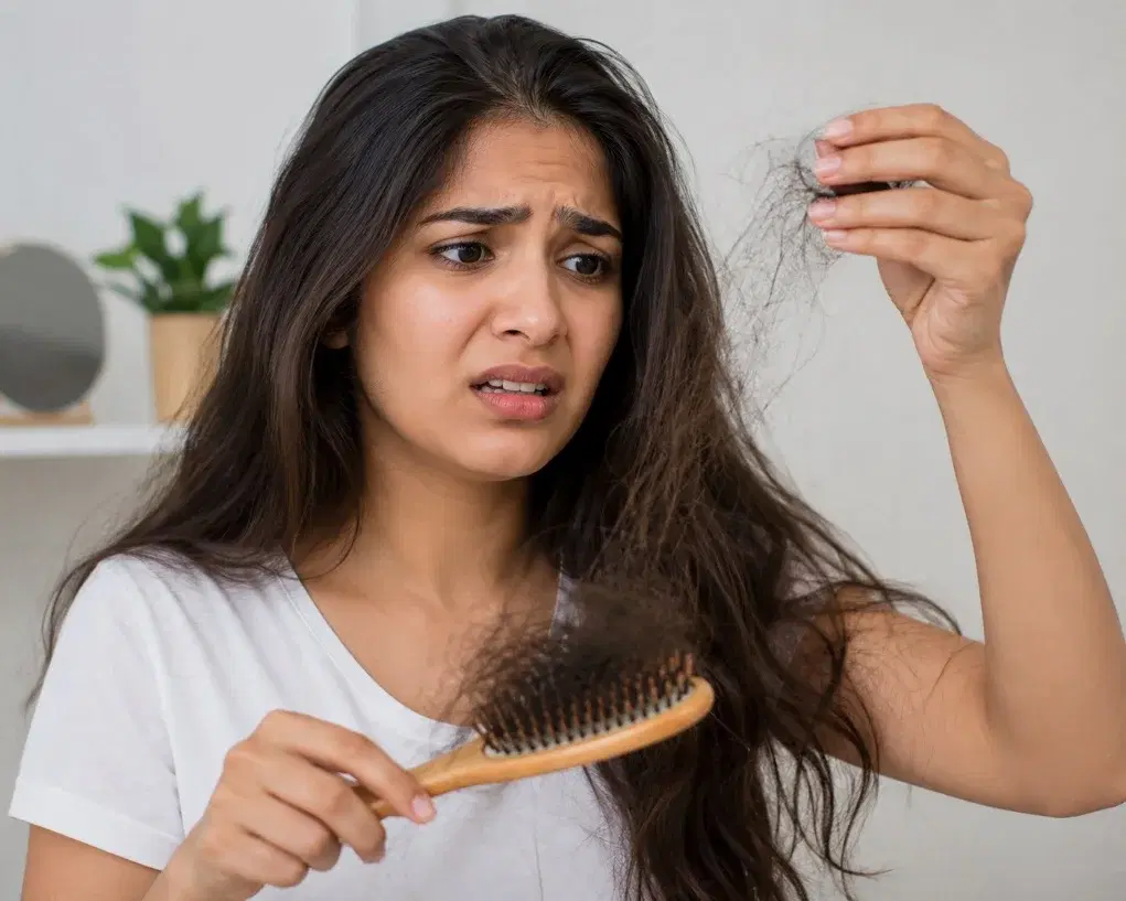 A woman examining shed hair beside her hairbrush