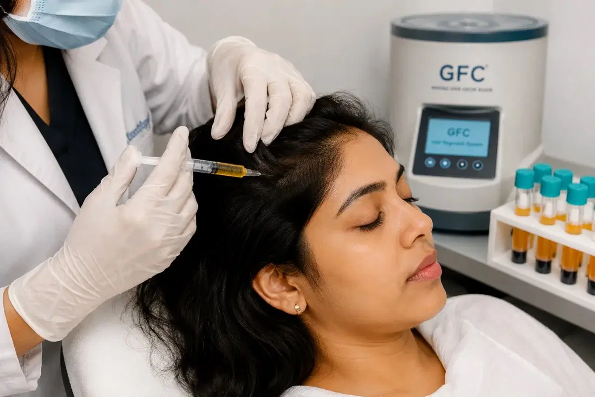 A clinician injecting the scalp during a GFC hair treatment