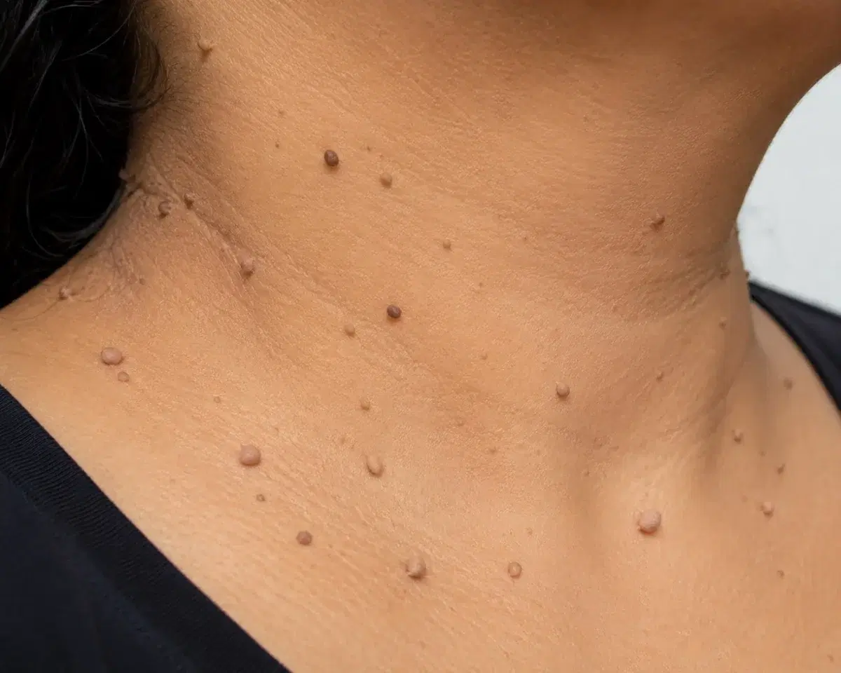 Multiple small skin tags on the neck