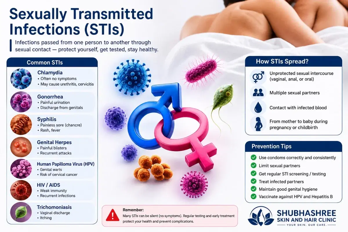 Infographic about common STIs, transmission and prevention