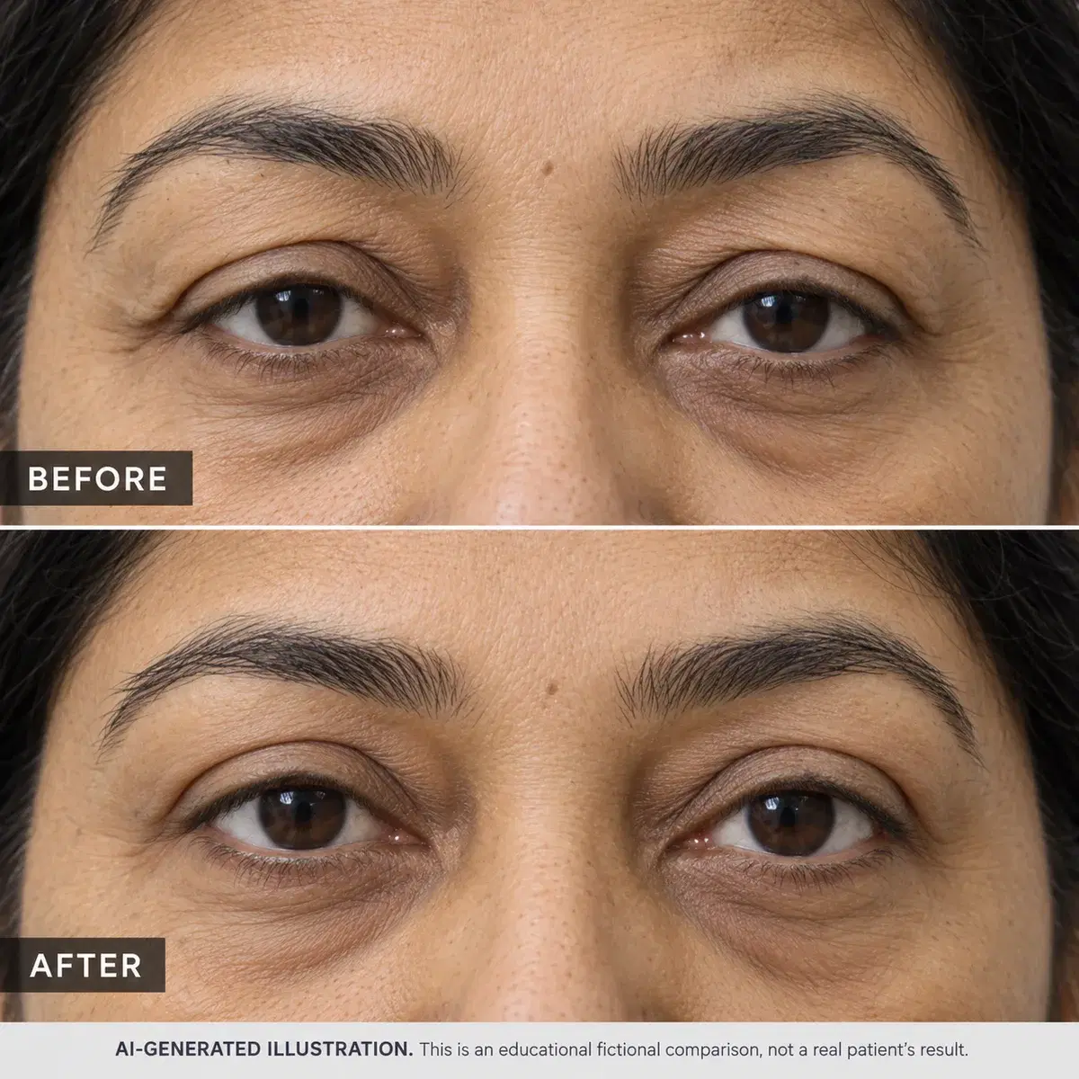 AI illustration: sagging upper eyelid skin before and tighter skin after blepharoplasty